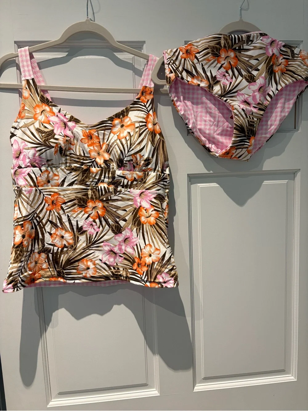 NWT Lands' End Pink Gingham ReversibleTankini Top and High-Waist Bikini Bottoms